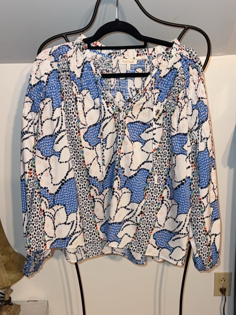 Red Camel White Blouse with Blue Floral Panels
